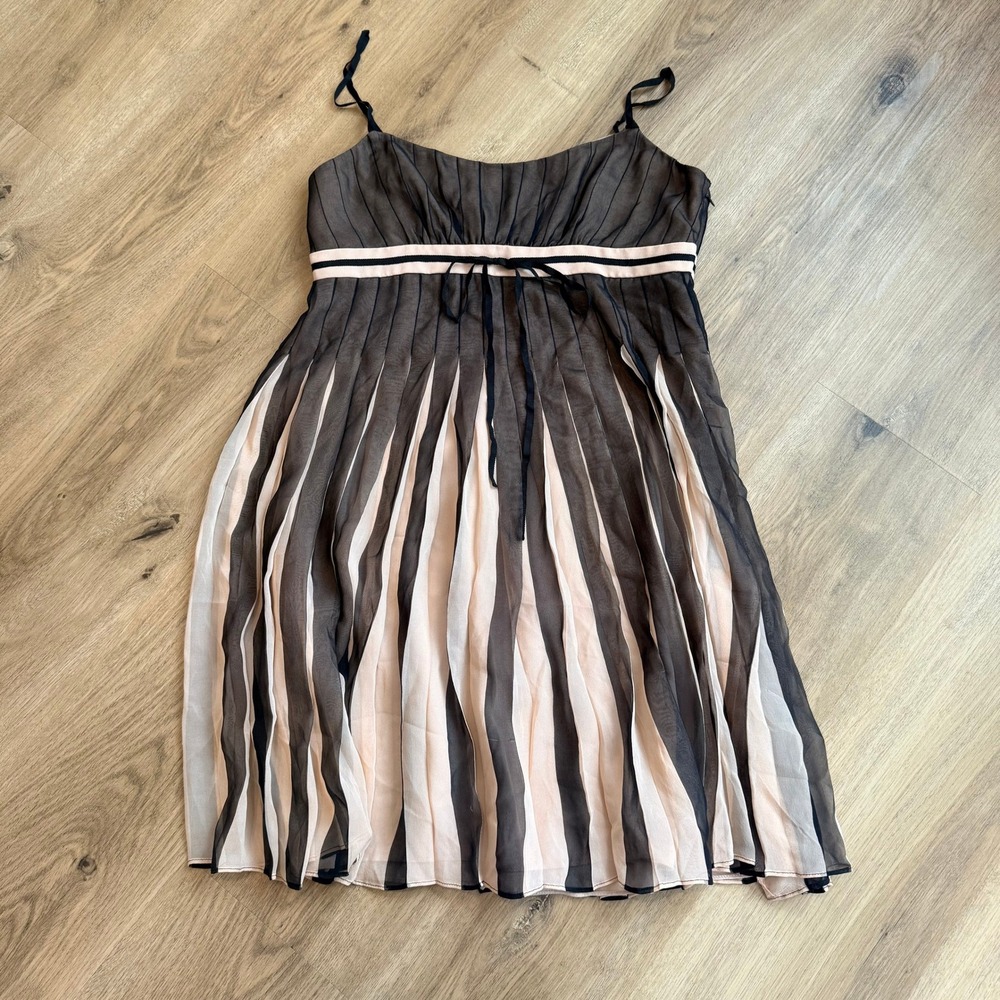BCBGMAXAZRIA Y2K Petites Black Pink‎ Striped Pleated Sheer Midi Dress Size 6